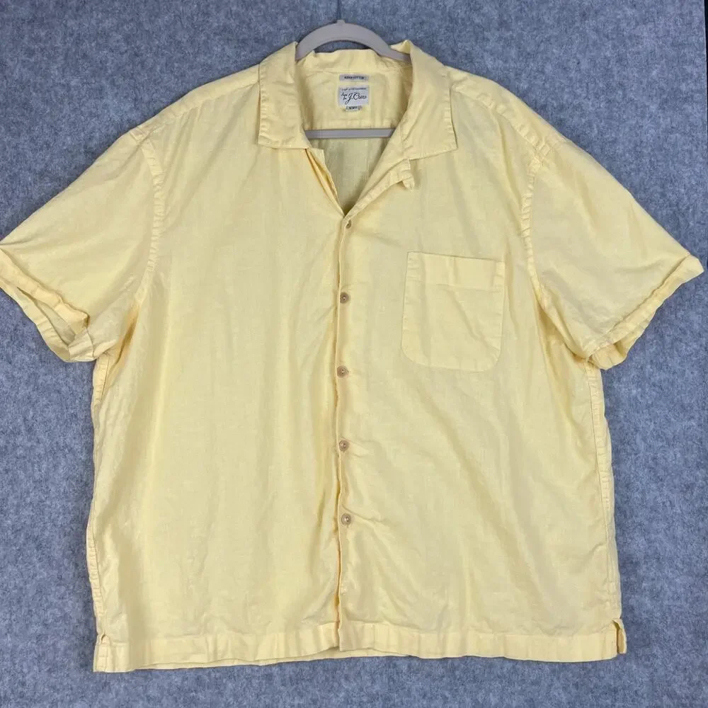 J‎ Crew Camp Shirt Mens XXL Yellow Hemp Cotton Loop Collar Coastal Hawaiian